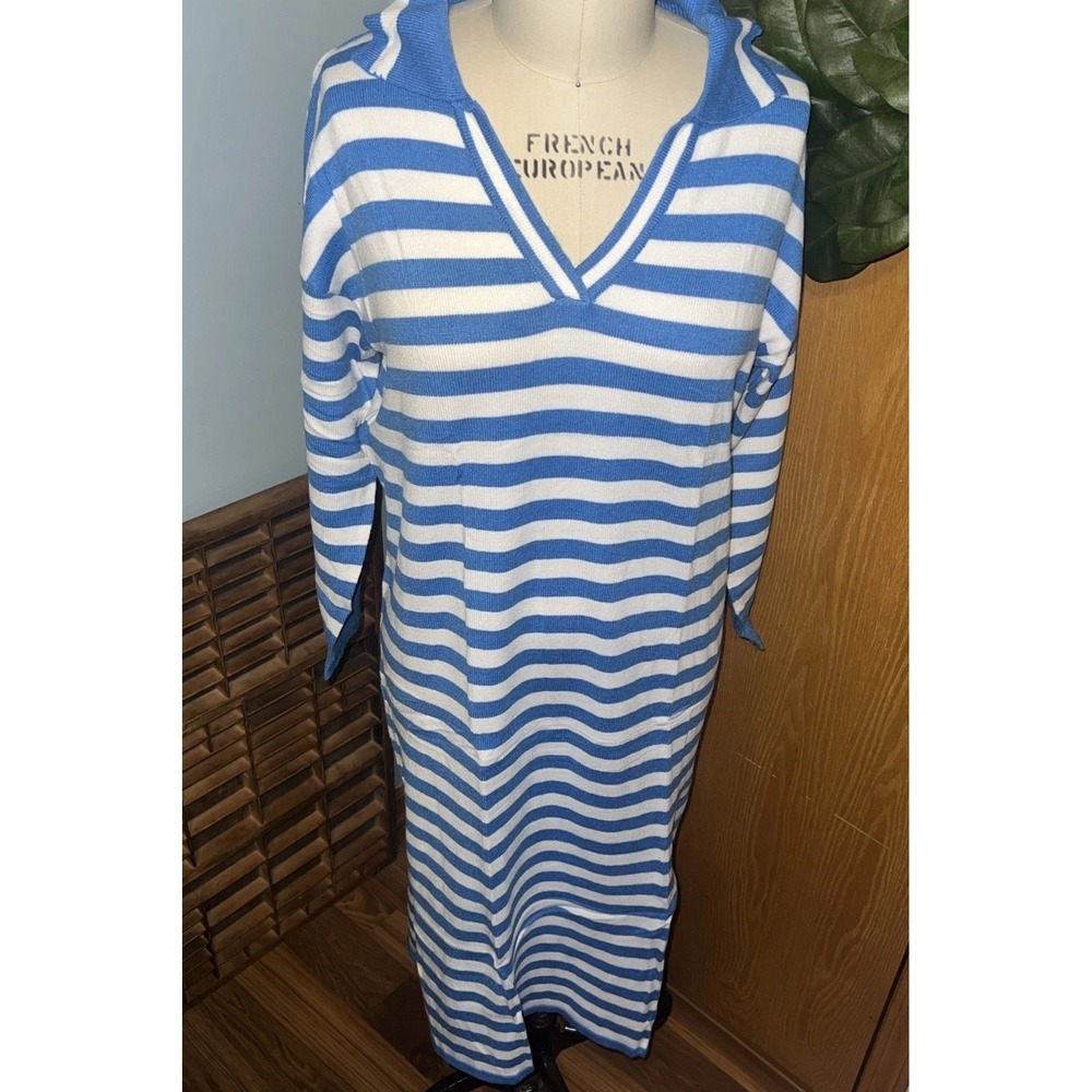 Blue White Striped Knit Maxi Dress Collar V Neck Long‎ Sleeve Side Slit